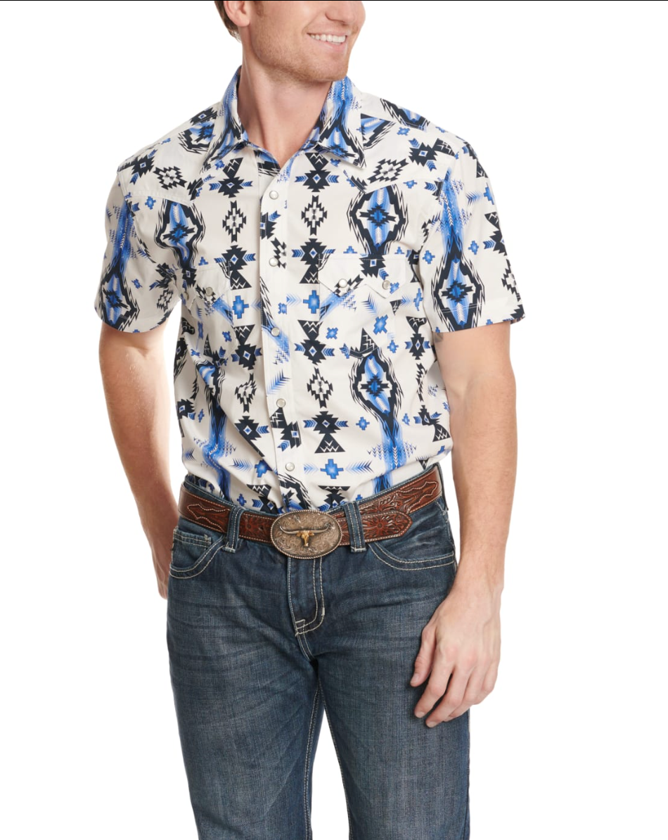 Camisa vaquera Rock &amp; Roll Denim de manga corta con estampado azteca en blanco y azul aciano para hombre