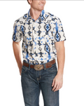 Camisa vaquera Rock &amp; Roll Denim de manga corta con estampado azteca en blanco y azul aciano para hombre