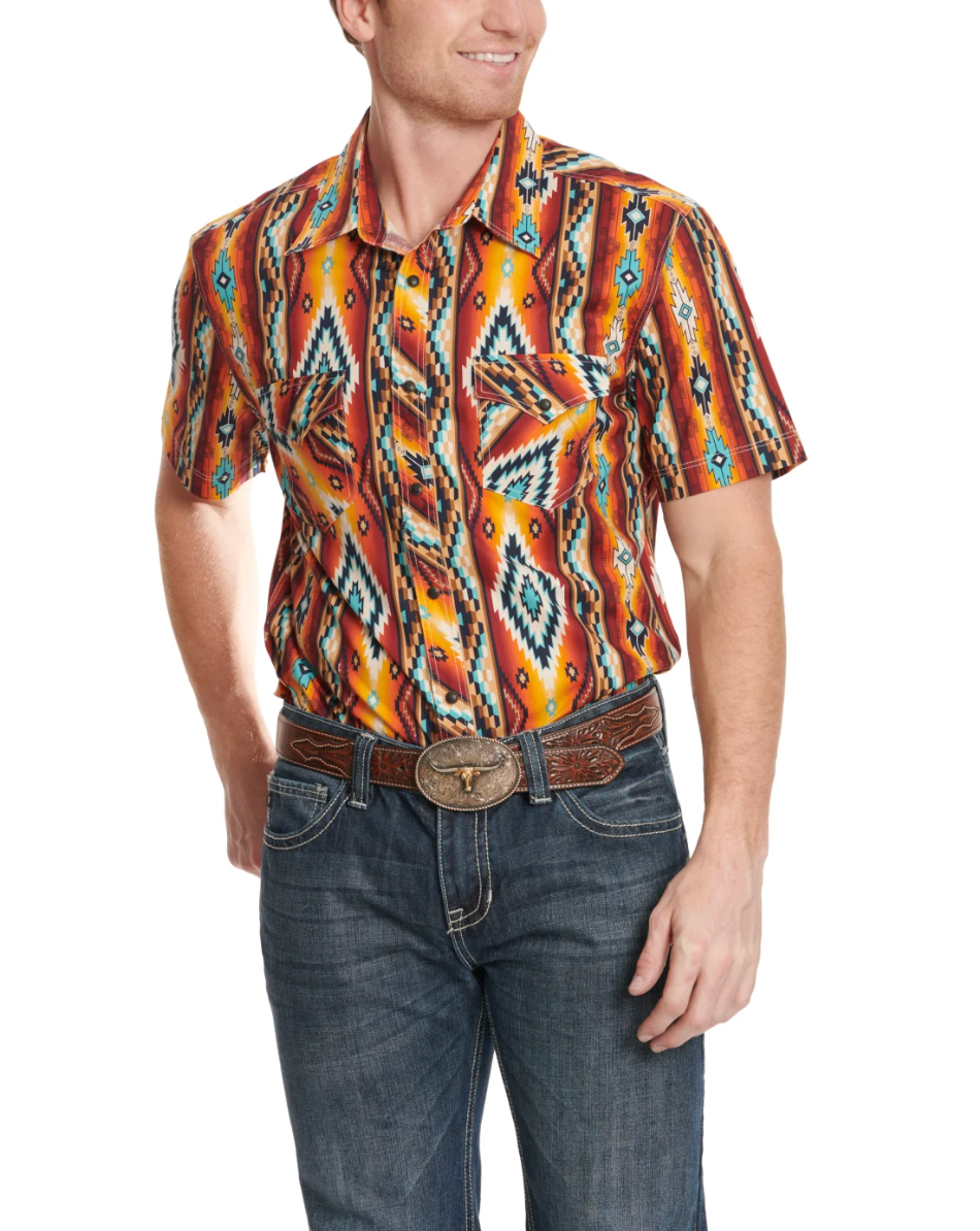 Camisa vaquera de manga corta azteca turquesa y puesta de sol ardiente para hombre de Rock &amp; Roll Denim