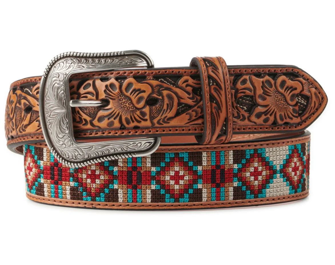 Cinturón estilo western 3D Belt Co. para hombre, color marrón con puntada azteca, rojo y turquesa