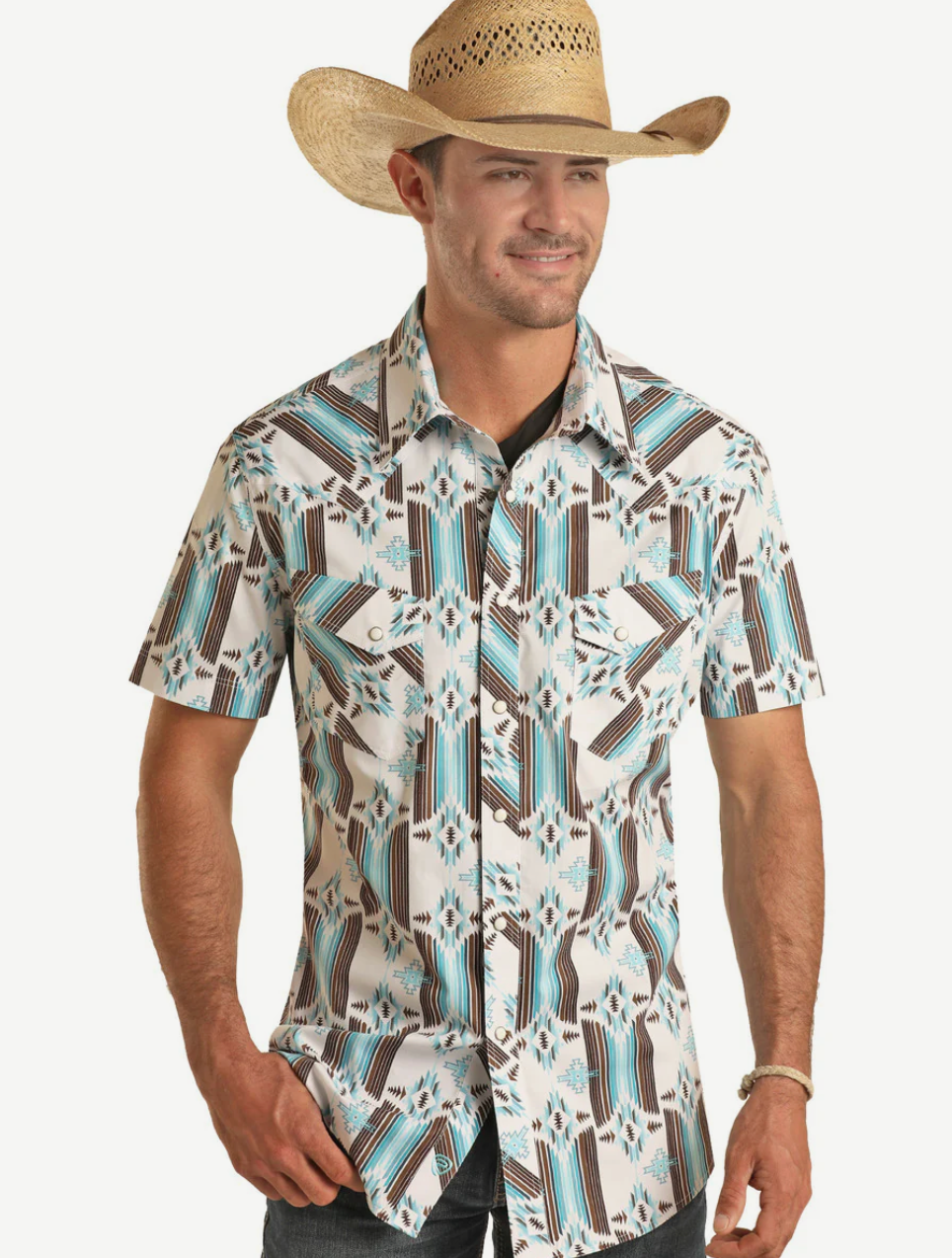 CAMISA AZTECA DE MANGA CORTA CON BROCHES
